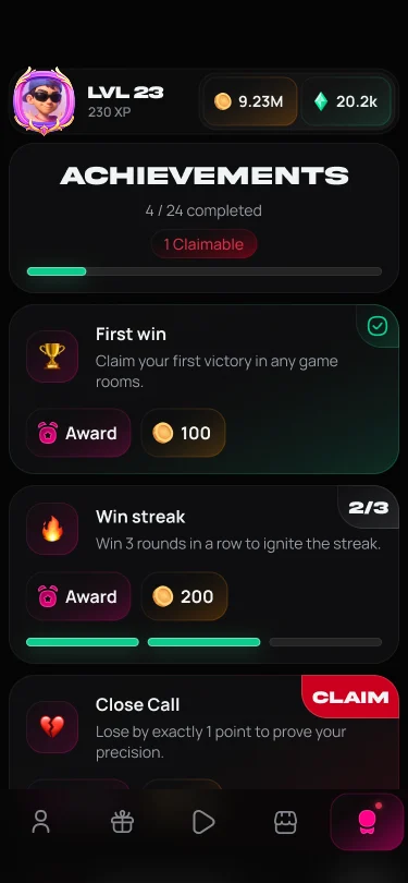 The achievements screen: four of twenty-four completed, with a first win and a win streak to claim.