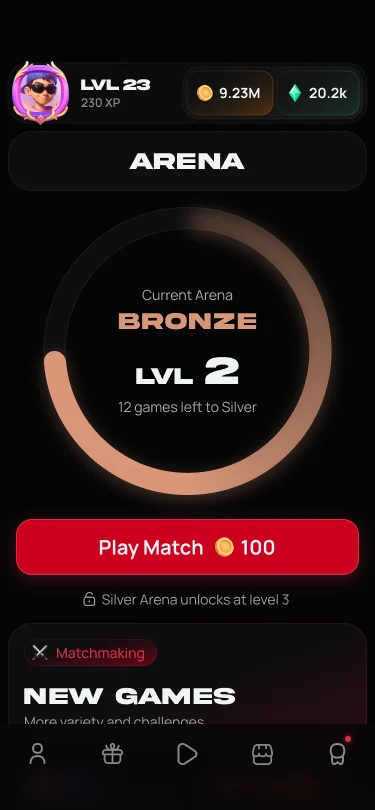The arena screen: Bronze tier, level 2, twelve games left to reach Silver.