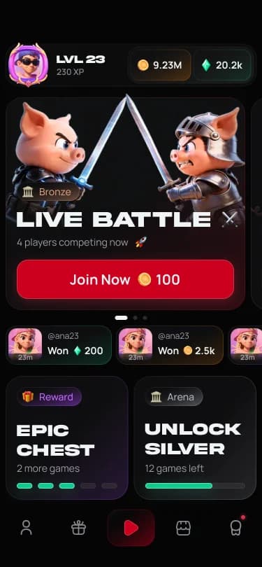 The home screen: a live battle with four players competing, recent winners, and progress towards the next chest and arena.