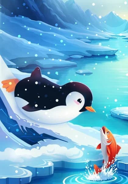 Cover art of Flippy Slide: a penguin sliding down an ice slope towards a fish.