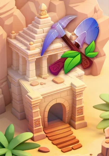 Cover art of Gold Rumble: a desert temple with a pickaxe and a shovel.