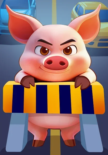 Cover art of Piggy Road: a pig holding a road barrier in a car park.